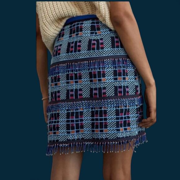 NWT Anthropologie Maeve Beaded Fringe Mini Skirt in Blue Motif - Size 0 - Picture 3 of 8
